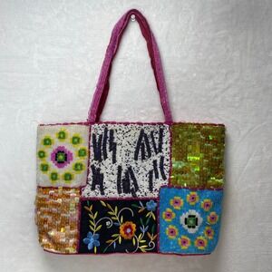 VTG Comeco Beaded Embroidery Patchwork Purse Bag Colorful Sequins Floral Zipper